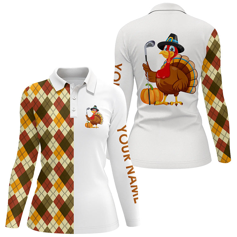 Thanksgiving argyle plaid pattern custom Women golf polo shirt, Turkey Bird golf tops for ladies NQS6850