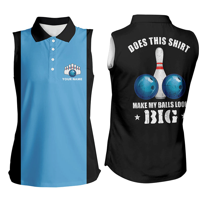 Women bowling sleeveless polo Custom vintage blue and black Does this shirt make my balls look big NQS6381