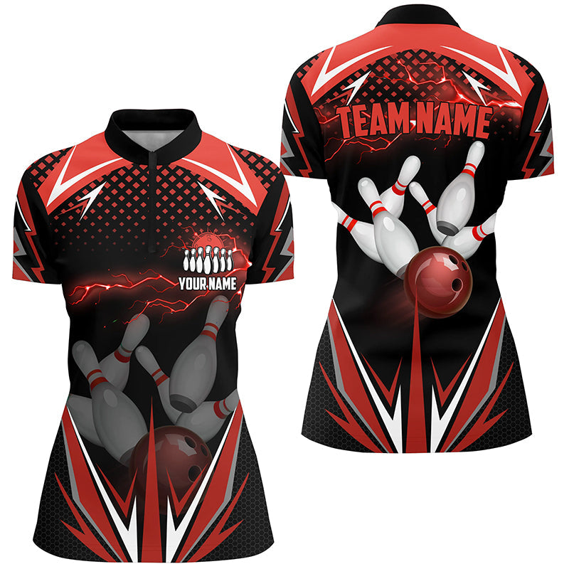 Black Women Bowling Quarter-Zip Shirt Custom red lightning team Ladies Bowlers Jersey bowling outfits NQS6588