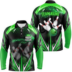 Black Men Bowling Polo Shirt Custom green lightning team Mens Bowlers Jerseys bowling outfits NQS6589