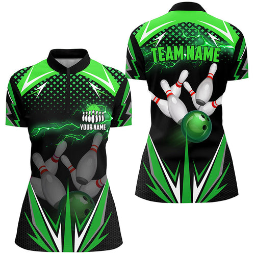 Black Women Bowling Quarter-Zip Shirt Custom green lightning team Ladies Bowler Jersey bowling outfits NQS6589