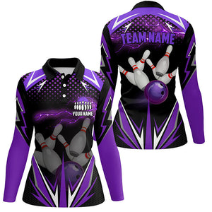 Black Women Bowling Polo Shirt Custom purple lightning team Ladies Bowlers Jerseys bowling outfits NQS6590