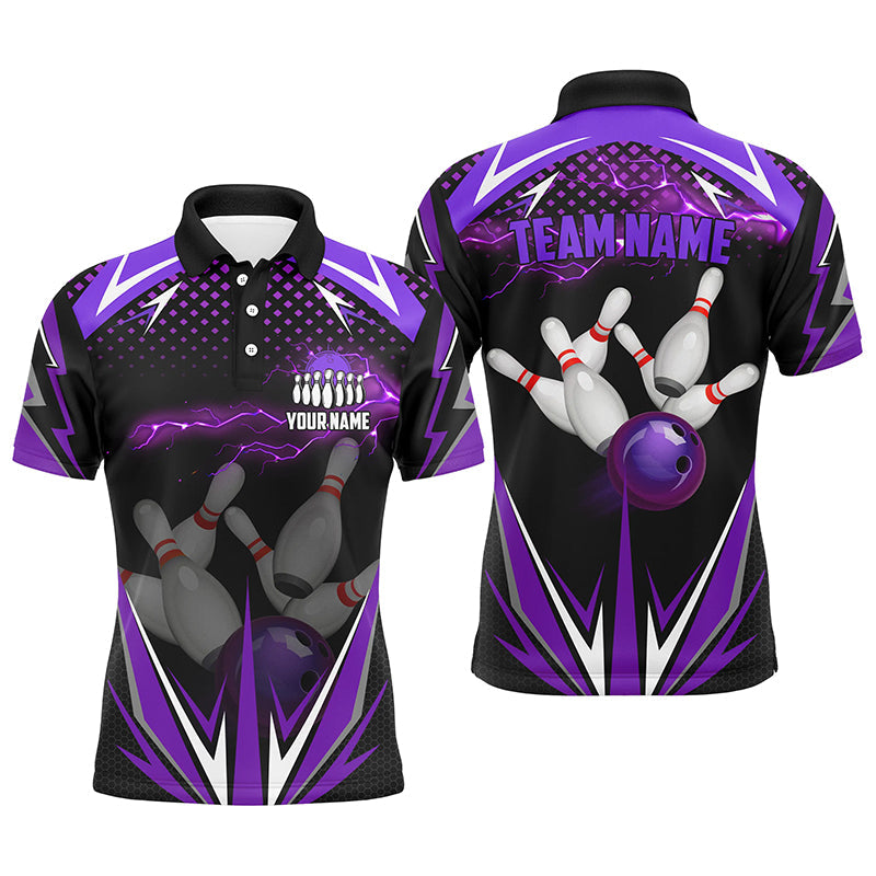 Black Men Bowling Polo Shirt Custom purple lightning team Mens Bowlers Jerseys bowling outfits NQS6590