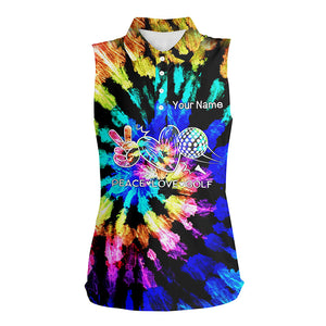 Women sleeveless polo shirt tie dye pattern custom peace love golf, personalized golf shirt for women NQS7037