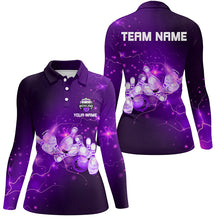 Load image into Gallery viewer, Womens Bowling Polo Shirt Custom Purple flashes of lightning thunder bowling team Ladies bowler Jersey NQS7045