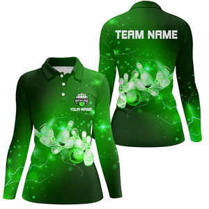 Womens Bowling Polo Shirt Custom Green flashes of lightning thunder bowling team Ladies bowler Jersey NQS7046