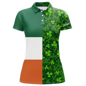 Womens golf polos shirts custom Green clover St Patrick's Day pattern Ireland flag polos shirts NQS7049