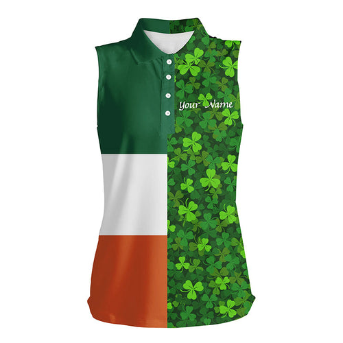 Womens Sleeveless golf polos shirts custom Green clover St Patrick's Day pattern Ireland flag polos NQS7049