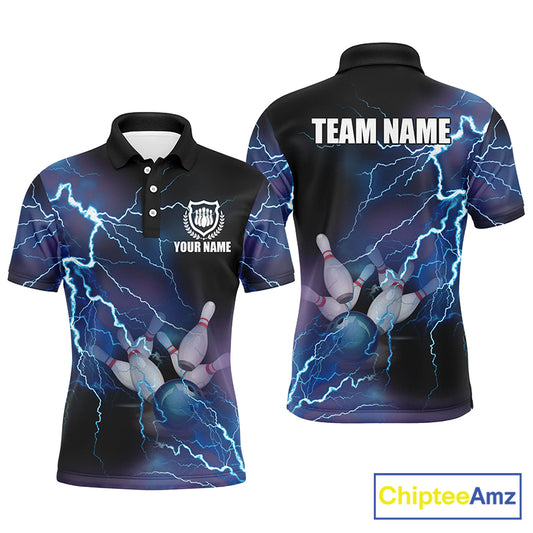 Custom blue bowling shirt for bowling – personalized team jersey front view