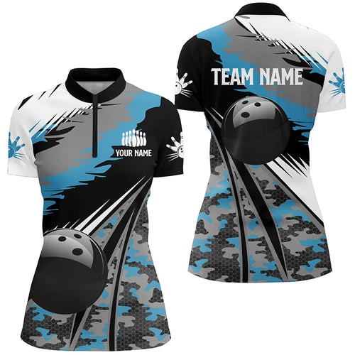 Womens bowling Quarter Zip shirts Custom black ball blue camo Bowling Team Jersey, gift for Bowlers NQS5247