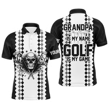 Load image into Gallery viewer, Black white Mens golf polos shirts custom skull golf gift for Grandpa is my name, golf is my game NQS5249