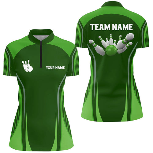 Bowling Quarter Zip shirts for women Custom bowling ball and pins green vintage Bowling Team Jerseys NQS6392