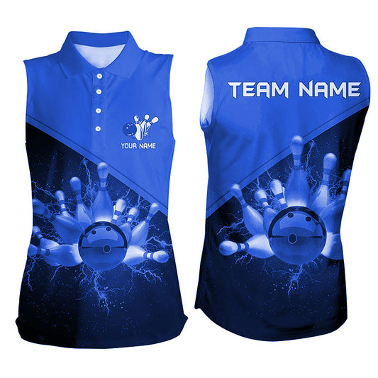 Women sleeveless polo shirts Custom blue lightning thunder Bowling Team Jersey, gift for team Bowlers NQS6620
