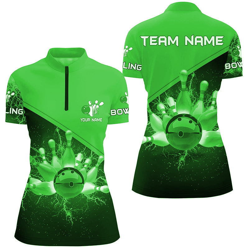 Womens Quarter Zip shirt Custom green lightning thunder Bowling Team Jersey, gift for team Bowlers NQS6621