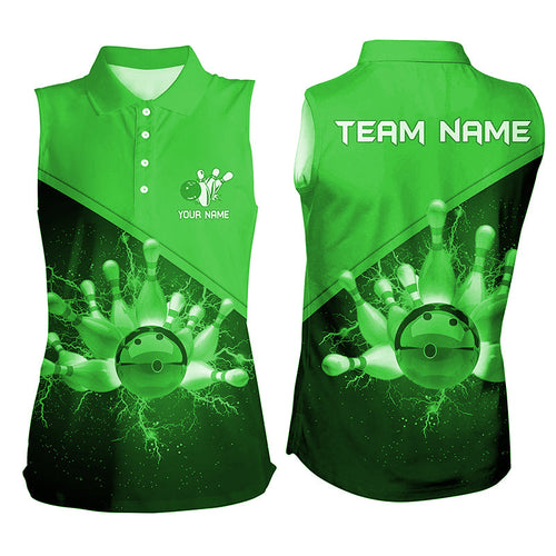 Women sleeveless polo shirts Custom green lightning thunder Bowling Team Jersey, gift for team Bowlers NQS6621