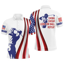 Load image into Gallery viewer, Mens golf polo shirt custom name American flag patriotic golf shirt swing swear look for ball repeat NQS5272