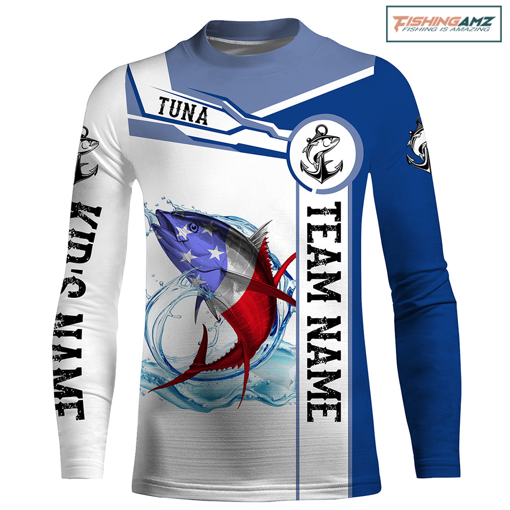 Tuna Fishing crew American Flag Customize name and team name performance Long Sleeve Fishing Shirts, Patriotic Fishing gifts NQS2383