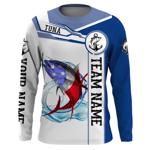 Tuna Fishing crew American Flag Customize name and team name performance Long Sleeve Fishing Shirts, Patriotic Fishing gifts NQS2383