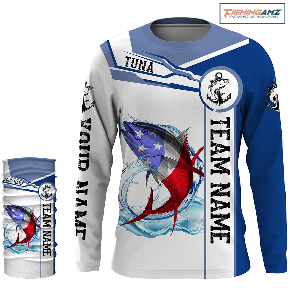 Tuna Fishing crew American Flag Customize name and team name performance Long Sleeve Fishing Shirts, Patriotic Fishing gifts NQS2383