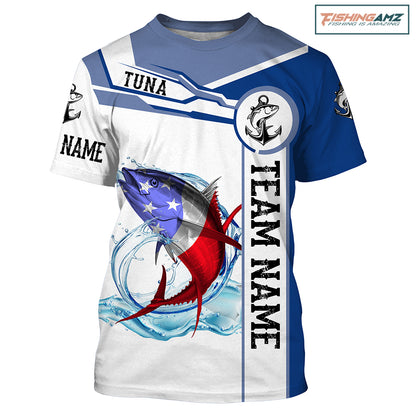 Tuna Fishing crew American Flag Customize name and team name performance Long Sleeve Fishing Shirts, Patriotic Fishing gifts NQS2383