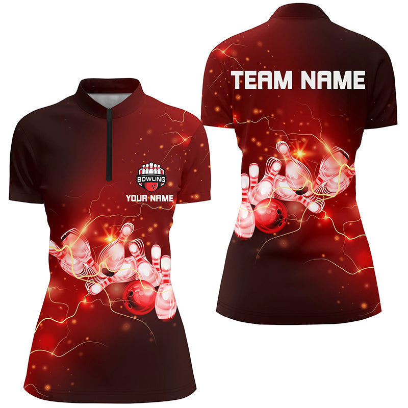 Womens Bowling Quarter-Zip Shirts Custom Red flashes of lightning thunder bowling team Ladies Jerseys NQS6637