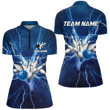 Load image into Gallery viewer, Womens bowling Quarter Zip shirts Custom blue lightning thunder Bowling Team Jersey, gift for Bowlers NQS6638
