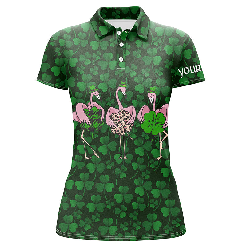 Funny Womens golf polo shirt green clover St Patrick day background custom Flamingo golf friends NQS4742