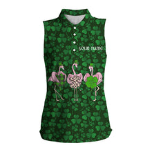 Load image into Gallery viewer, Funny Womens sleeveless polo shirt green clover St Patrick day custom Flamingo golf friends NQS4742