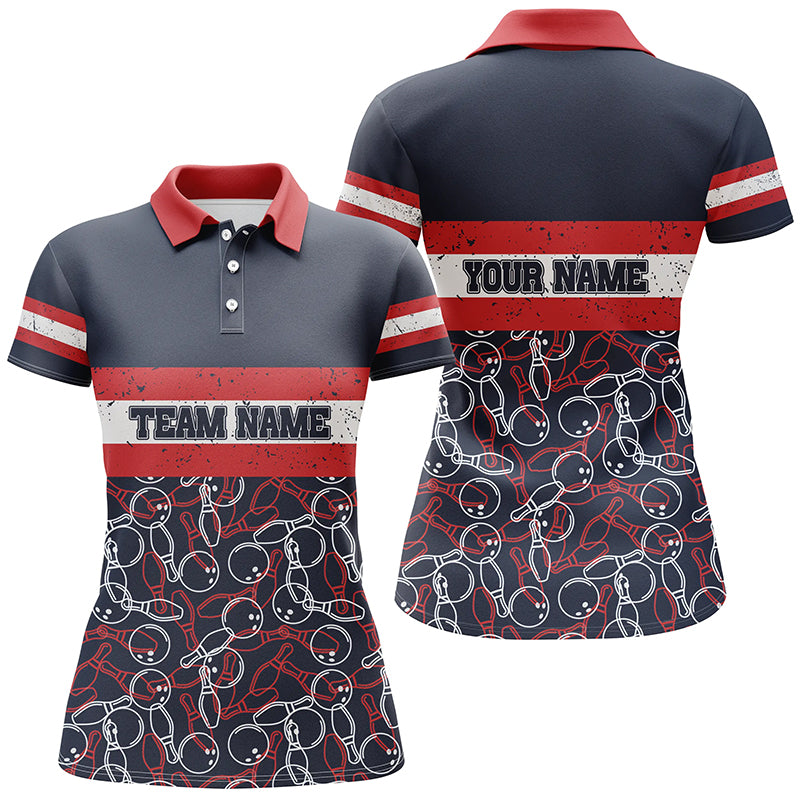 Women bowling polo shirts Custom name red and blue vintage Bowling Team Bowlers Jerseys NQS5274