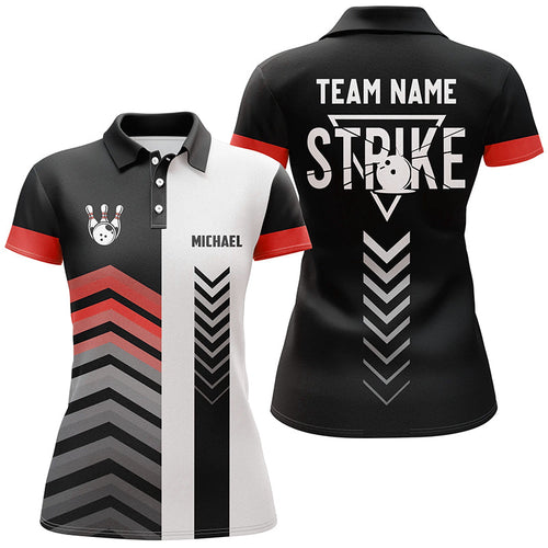 Black and white Women bowling polo shirts Custom retro bowling ball pins team league jerseys | Red NQS7164