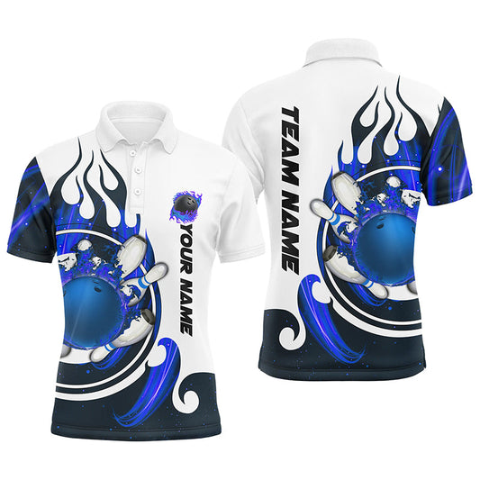 White Bowling polo Shirt for men Custom blue flame bowling ball and pins Jerseys NQS7166