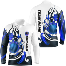 Load image into Gallery viewer, White Bowling polo Shirt for men Custom blue flame bowling ball and pins Jerseys NQS7166