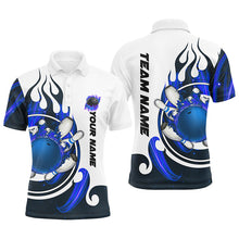 Load image into Gallery viewer, White Bowling polo Shirt for men Custom blue flame bowling ball and pins Jerseys NQS7166