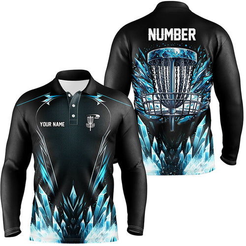 Icy blue Mens Disc golf polo shirts custom black disc  golf basket jerseys, frisbee golf shirts NQS7323