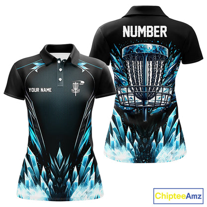 Icy blue Womens Disc golf polo shirts custom black disc golf basket jerseys, disc golf shirts NQS7323