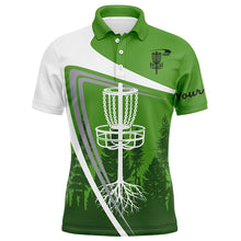 Load image into Gallery viewer, Mens disc golf polo shirt custom name green disc golf basket, personalized disc golf shirts NQS4394