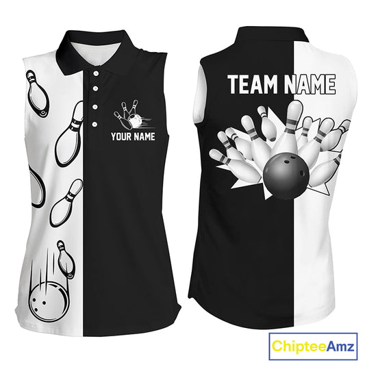Custom Black white sleeveless bowling shirt for women – personalized team jersey front view