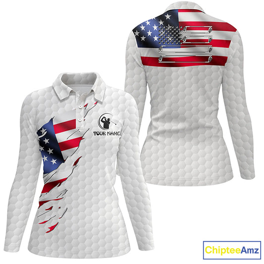 Womens golf polo shirt custom American flag white golf ball skin patriotic golf shirt for womens NQS6668