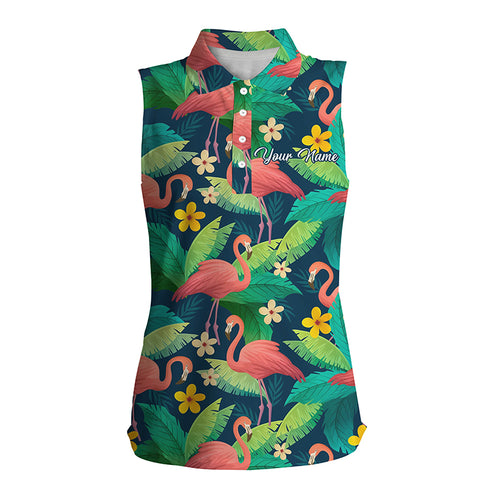 Women sleeveless polo shirt colorful flamingo pattern green tropical leaves custom team golf polo NQS4776