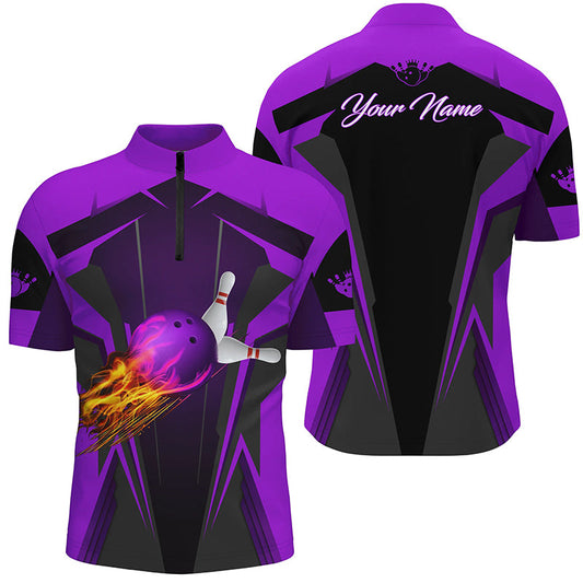 Personalized Mens Quarter Zip Shirt Flame Bowling Ball Pins, bowling  jerseys for bowlers | Purple NQS6440