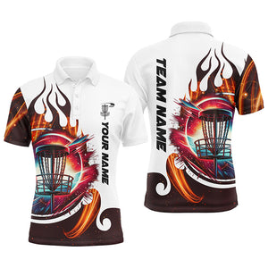 White Mens Disc golf polo shirts custom flame disc golf basket jerseys, disc golf outfits for men NQS7335