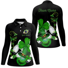 Load image into Gallery viewer, Green shamrock lucky Women bowling polo shirt Custom St Patrick Day black team league bowling jerseys NQS7195