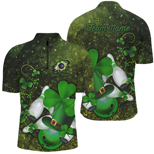 Green grunge shamrock lucky Men bowling Quarter Zip shirt Custom St Patrick Day team league jersey NQS7196