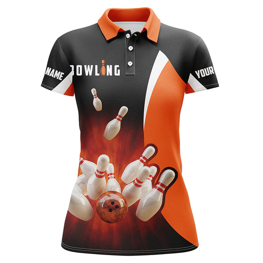 Custom black orange bowling shirt for women – personalized team jersey front view