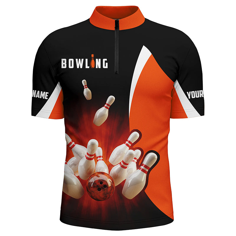 Custom bowling shirts retro black orange Bowling Quarter Zip shirts for men, Bowling team jersey NQS5054