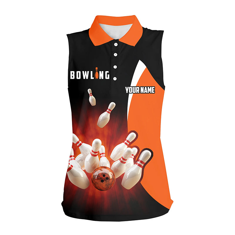 Custom black orange sleeveless bowling shirt for women – personalized team jersey front view