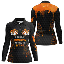Load image into Gallery viewer, Funny Halloween Women golf polo shirt custom black orange If you like my pumpkin you should see my pie NQS6464
