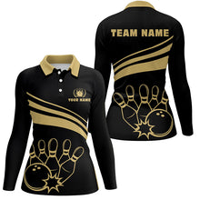 Load image into Gallery viewer, Personalized polo bowling shirts for women, custom gold womens bowling shirts team bowl jersey | Black NQS6708