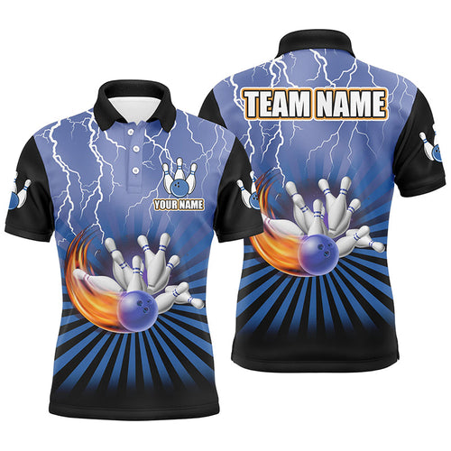 Men Bowling Polo Shirt Custom lightning storm vintage Bowling Team Jersey, gift for Bowlers | Blue NQS7080