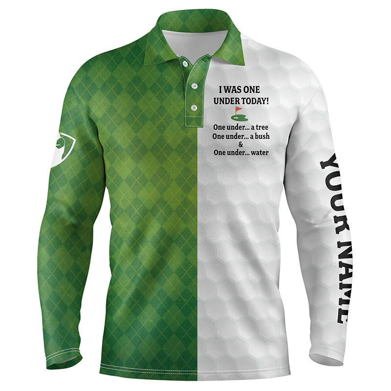 Green white Mens golf polo shirt custom name I was one under today one under a tree, a bush and water NQS4798